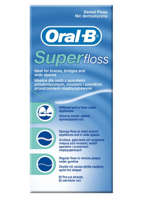 FILO INTERDENTALE ORAL B SUPERFLOSS ESTREMITA' RIGIDA + FILOSPUGNOSO + FILO STANDARD 50 PEZZI PRETAGLIATI