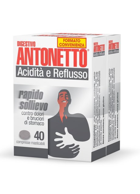 DIGESTIVO ANTONETTO ACIDITA' E REFLUSSO 80 COMPRESSE MASTICABILI 2 ASTUCCI DA 40 COMPRESSE