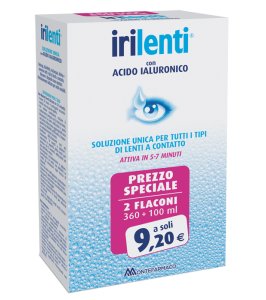 SOLUZIONE UNICA PER LENTI A CONTATTO IRILENTI CON ACIDO IALURONICO 2 FLACONI DA 360 ML + 100 ML