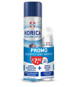 NORICA PROTEZIONE COMPLETA DISINFETTANTE AEROSOLO AZIONE VIRUCIDA ESSENZA BALSAMICA 300 ML + MOUSSE MANI DISINFETTANTE EIDRATANTE MUSCHIO BIANCO