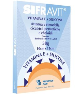 PLACCA IN SILICONE E VITAMINA E SIFRAVIT DIMENSIONI 15X10CM.INDICATA NEL TRATTAMENTO DI CHELOIDI E CICATRICI IPERTROFICHE CONSEGUENTI AD INTERVENTI C HIRURGICI, USTIONI, E FERITE