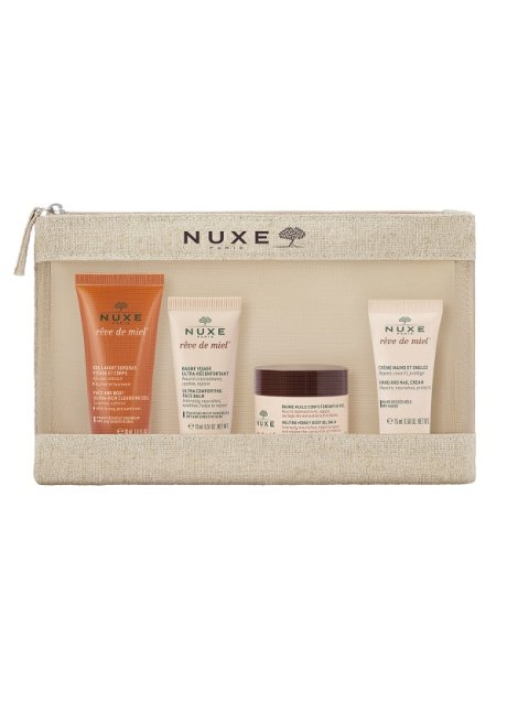 NUXE TROUSSE VOYAGE REVE DE MIEL 2026 FACE AND BODY ULTRA RICH CLEANSING GEL 30 ML + ULTRA COMFORTING FACE BALM 15 ML +MELTING HONEY BODY OIL BALM 30 ML + HAND AND NAIL CREAM 15ML