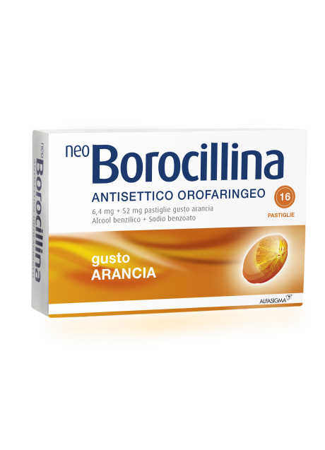 NEOBOROCILLINA ANTISETTICO OROFARINGEO*16 pastiglie 6,4 mg +52 mg arancia NEOBOROCILLINA ANTISETTICO OROFARINGEO*16 pastiglie 6,4 mg +52 mg arancia