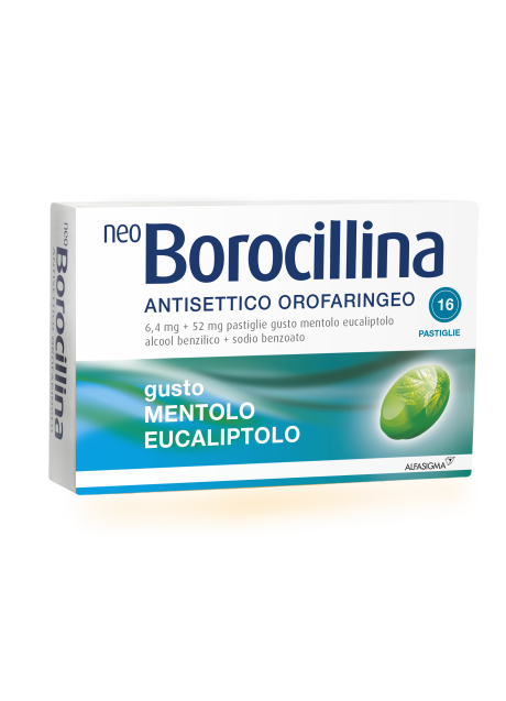 NEOBOROCILLINA ANTISETTICO OROFARINGEO*16 pastiglie 6,4 mg +52 mg mentolo eucaliptolo NEOBOROCILLINA ANTISETTICO OROFARINGEO*16 pastiglie 6,4 mg +52 mg mentolo eucaliptolo