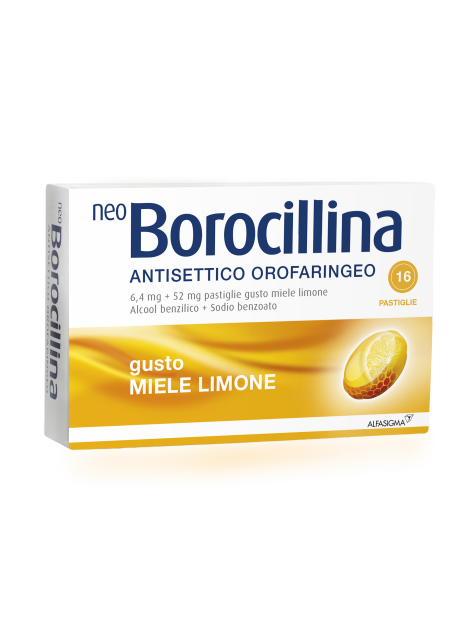 NEOBOROCILLINA ANTISETTICO OROFARINGEO*16 pastiglie 6,4 mg +52 mg limone NEOBOROCILLINA ANTISETTICO OROFARINGEO*16 pastiglie 6,4 mg +52 mg limone
